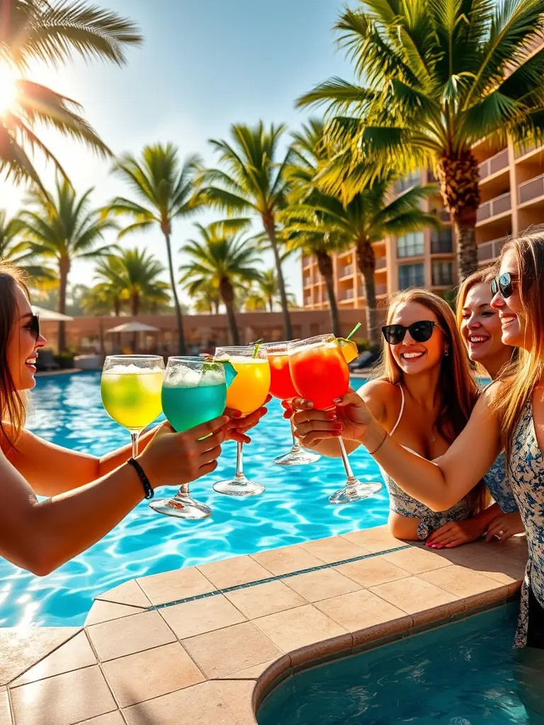 A group of friends toasting drinks by the pool at a Westgate resort, highlighting the social aspect of vacations.