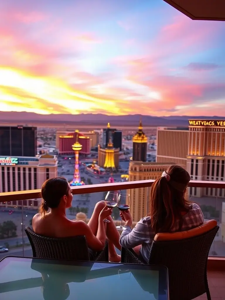 A couple relaxing on a balcony overlooking the Las Vegas Strip from Westgate Las Vegas Resort & Casino, promoting a romantic getaway deal.