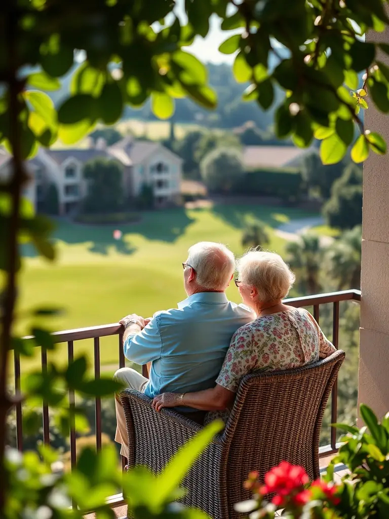 A senior couple relaxing on a balcony overlooking a golf course at a Westgate resort.
