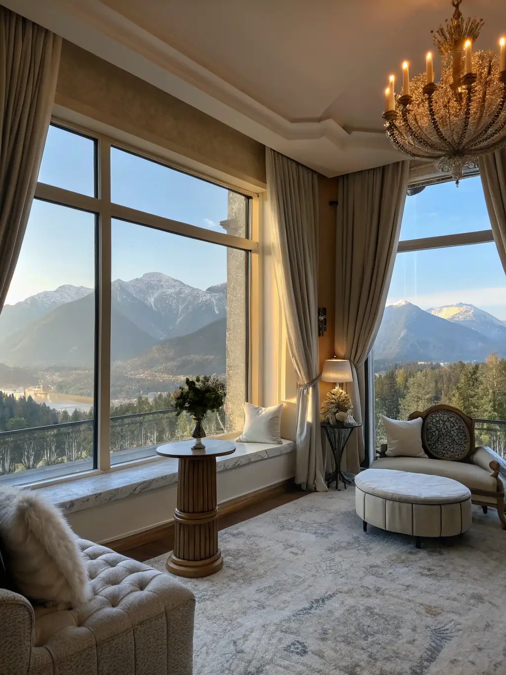 A luxurious suite at Westgate Park City Resort & Spa, showcasing the spacious living area with a fireplace and mountain views, highlighting a ski vacation deal.