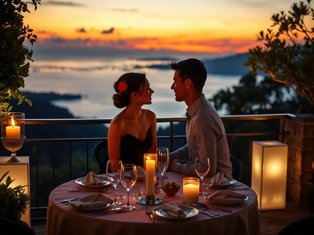 A serene image of a couple enjoying a romantic dinner with a beautiful sunset view at a Westgate resort, highlighting the romance and intimacy of a couples getaway.