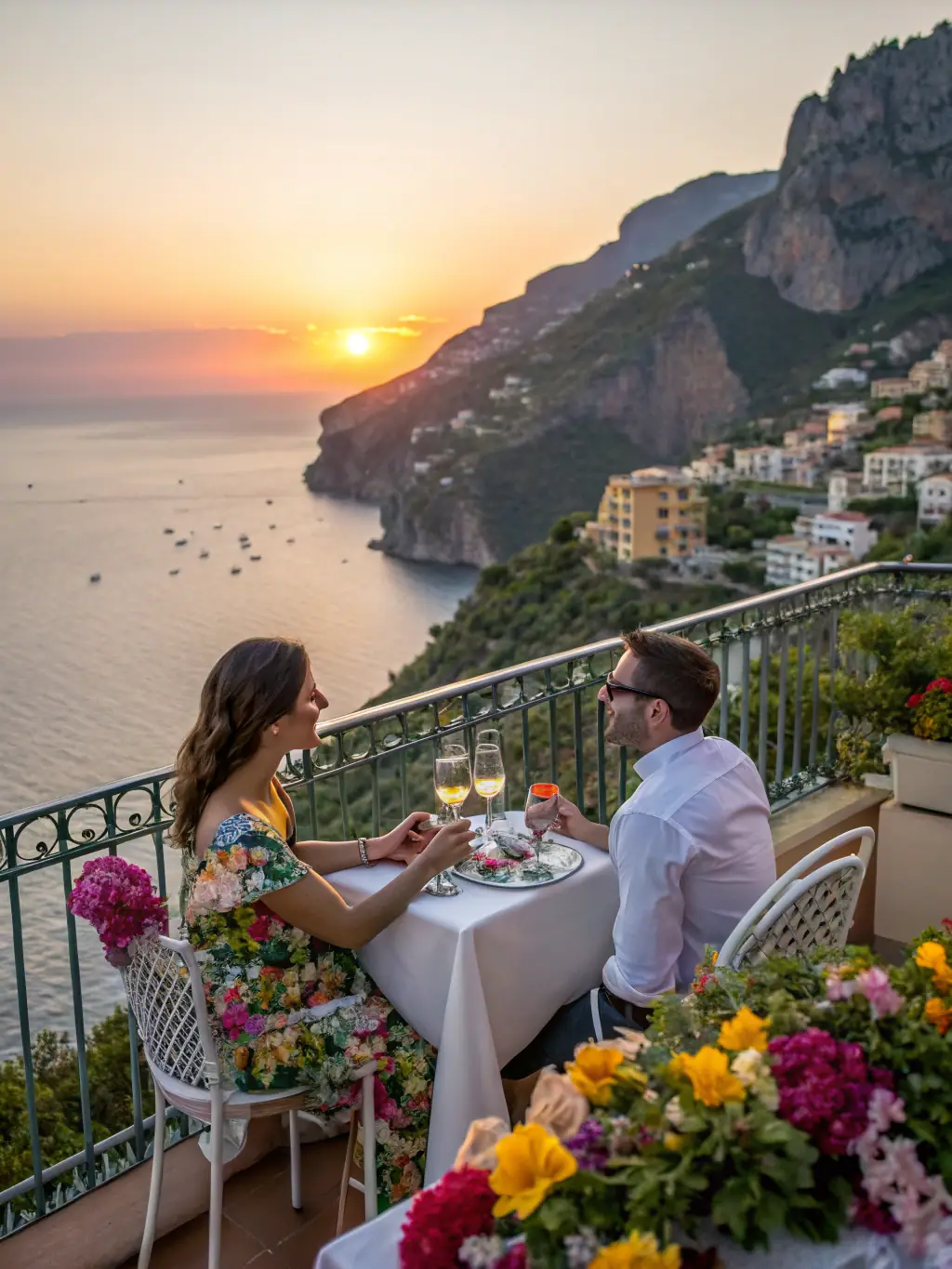 A couple enjoying a romantic dinner with a beautiful sunset view at a Westgate resort.