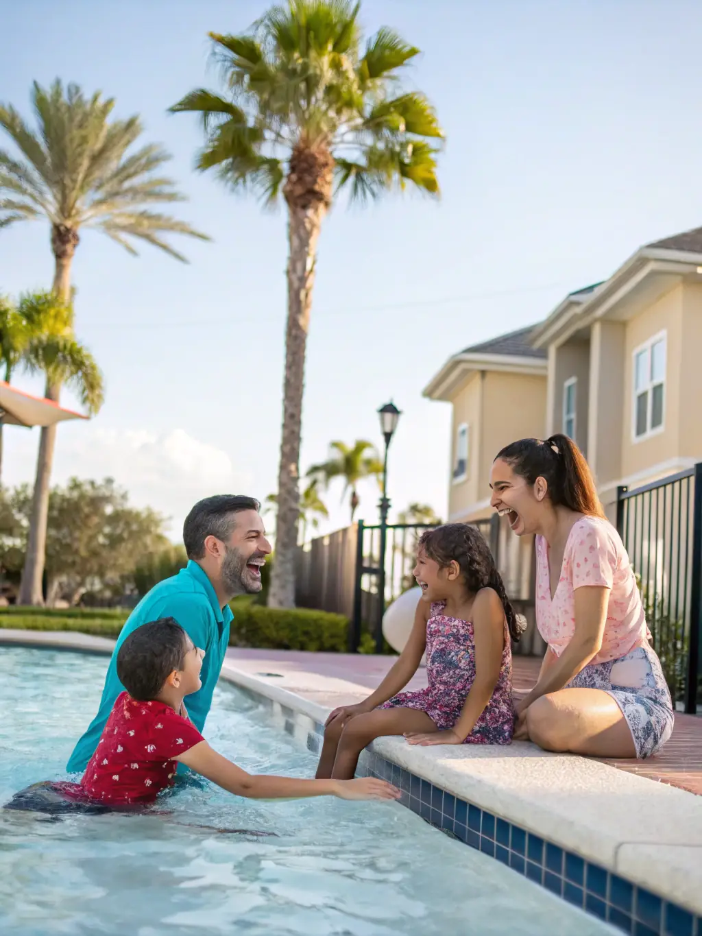 A family enjoying the pool and waterpark at Westgate Lakes Resort & Spa in Orlando, emphasizing the fun and family-friendly atmosphere of the resort.
