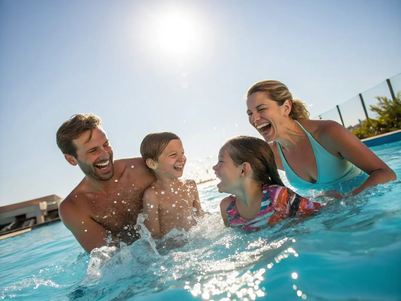 A vibrant image of a family laughing and enjoying a sunny day by the pool at a Westgate resort, emphasizing the fun and relaxation of a family vacation.