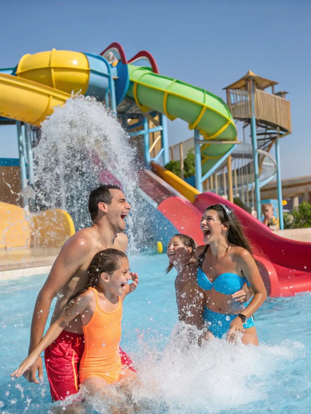 A family laughing together while enjoying a water park at a Westgate resort, showcasing a fun-filled vacation experience.