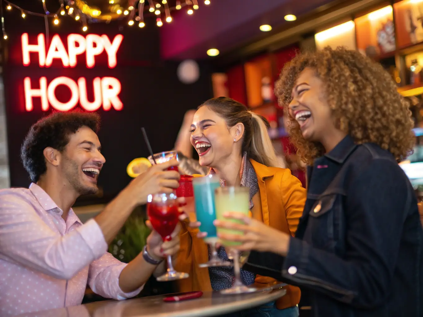 A modern image of a group of friends toasting drinks at a bar inside a Westgate resort, showcasing the social and exciting atmosphere for friends.